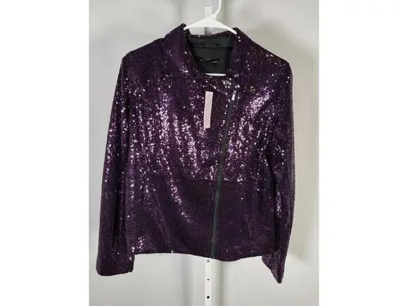 NWT Colleen Lopez Purple Sequin Moto Jacket Sparkly Evening Blazer Size XL - Picture 3 of 5